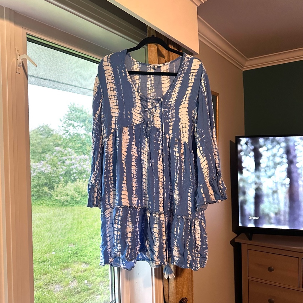 Blue Island Tie-Dye Mini Dress in Blue and White